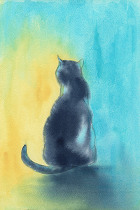 Black cat sitting in the light watercolor painting