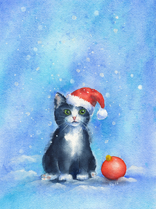Christmas kitty in snow watercolor painting