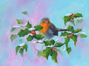 Robin with holly and winterberries acrylic painting
