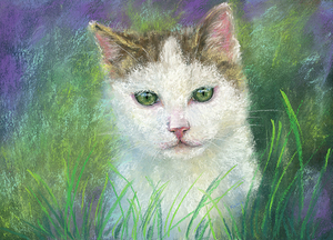 Curious cat in the green meadow soft pastels painting