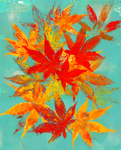 Red Japanese Maple leaves on blue acrylic painting