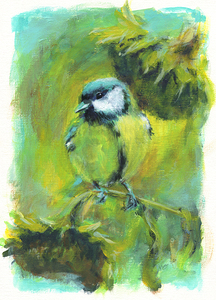 Great tit with sunflowers acrylic painting 