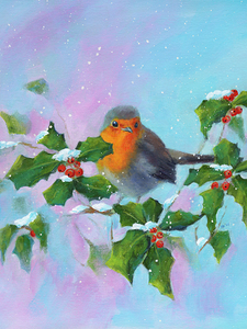 Robin with holly and winterberries vertical
