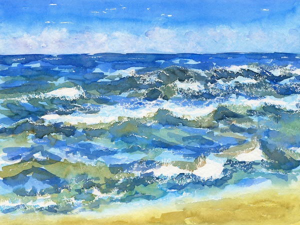 Blue ocean waves watercolor painting Print