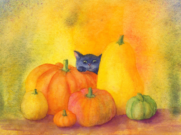 Black cat peeking behind pumpkins Print