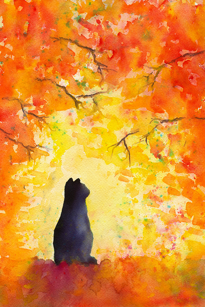 Cat in fall foliage watercolor painting Print