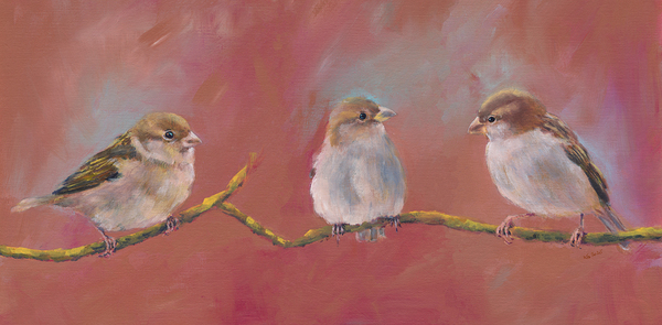 Three sparrows on a branch Print