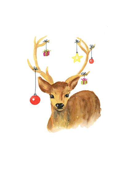 Christmas deer watercolor painting Print