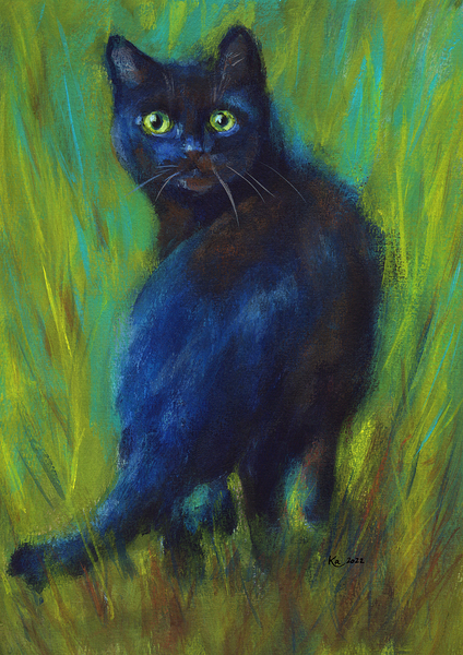 Black cat in the green grass acrylic painting  Print