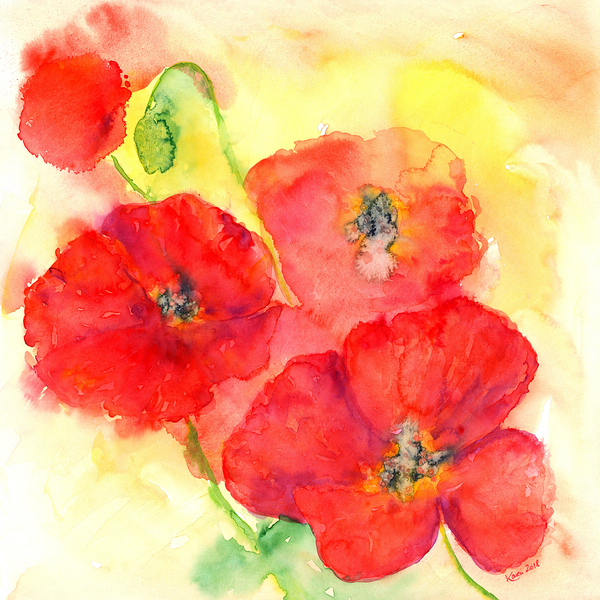 Red poppies watercolor painting Print