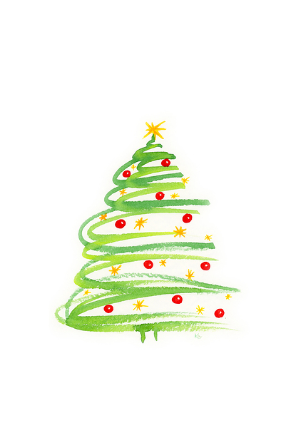 Christmas tree with decoration watercolor painting Print