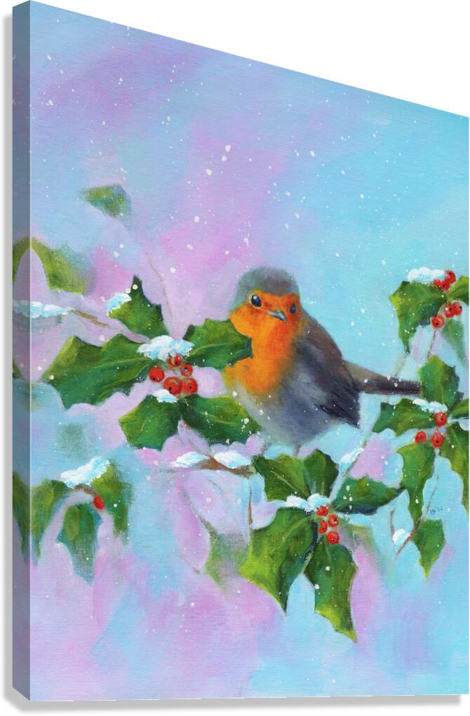 Robin with holly and winterberries vertical Canvas Print