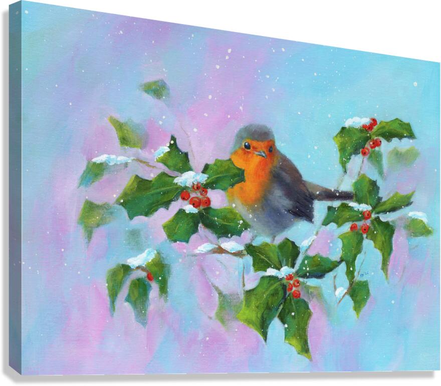Robin with holly and winterberries acrylic painting Canvas Print