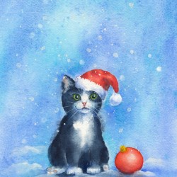 Christmas kitty in snow watercolor painting