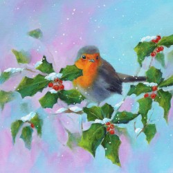 Robin with holly and winterberries acrylic painting