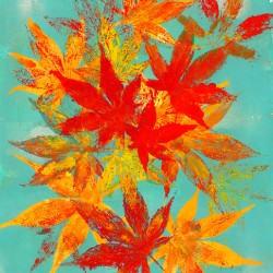 Red Japanese Maple leaves on blue acrylic painting