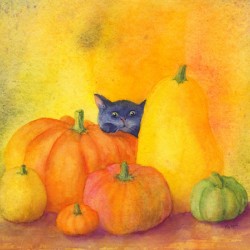 Black cat peeking behind pumpkins