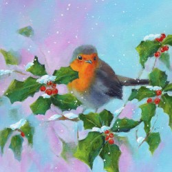 Robin with holly and winterberries vertical