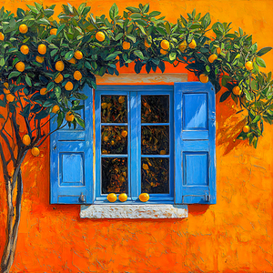 Blue Shutters and Orange Tree
