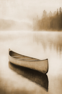 Tranquil Lake and Canoe Sepia