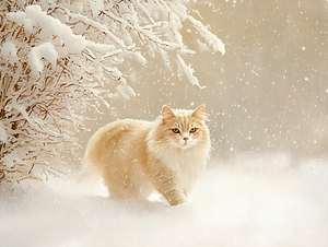 Fluffy Cat Walking in Snow