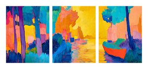 Deep Forest Orange Sky Red Boat Tryptich