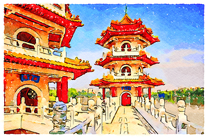 Singapore the Twin Pagodas Chinese Garden Watercolor