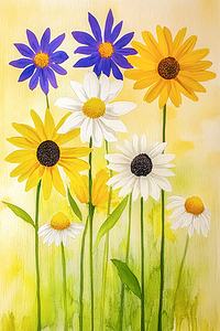 Watercolour Daisies Yellow White and Blue