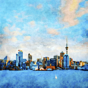 Auckland Skyline at Sunset Watercolor