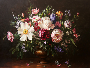 Traditional Floral Display in Vase on Dark Background
