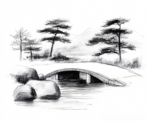 Japanese Garden Monochrome Sketch  2