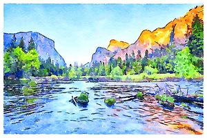 Yosemite Valley View California USA Watercolor