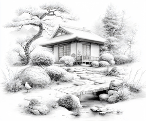 Japanese Garden Monochrome Sketch  2