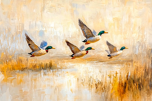 Ducks in Flight Over a Lake