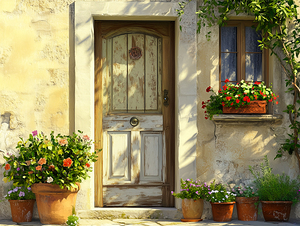 Old Wooden Single Door  Surrounded by Flowers