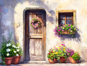Simple Wooden Door Surrounded by Pots of Flowers