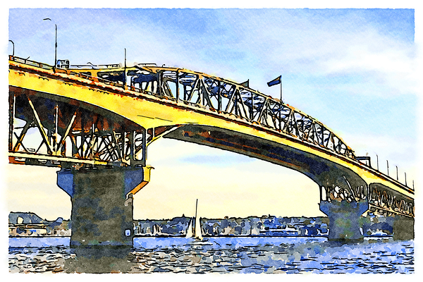 Auckland Harbour Bridge Evening Watercolour by Travelling Light