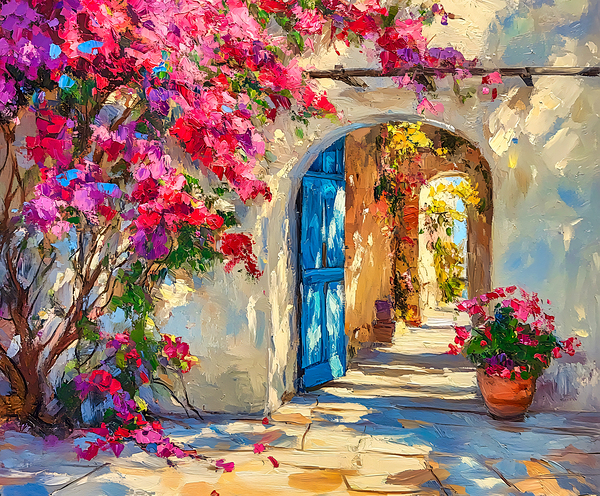 Courtyard with Blue Door and Pink Roses by Travelling Light