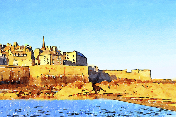 Saint Malo St Malo Brittany France Ramparts Town Beach Watercolo by Travelling Light