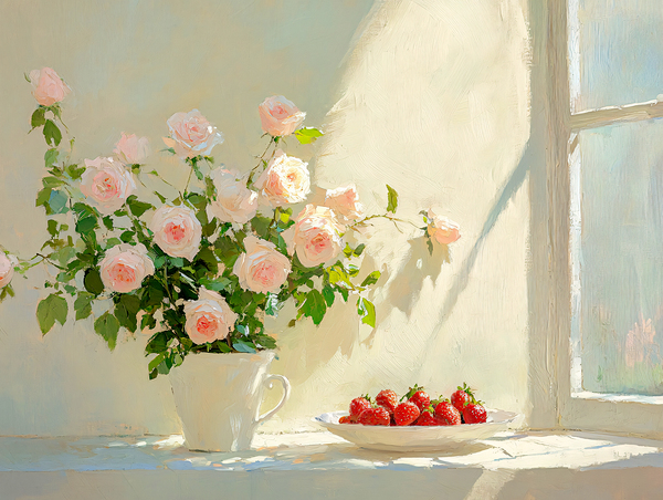 Still Life Pink Roses and Strawberries by a Window Print