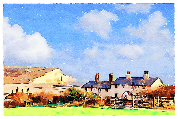 Seven Sisters and Lifeguard Cottages Sussex UK Watercolor by Travelling Light