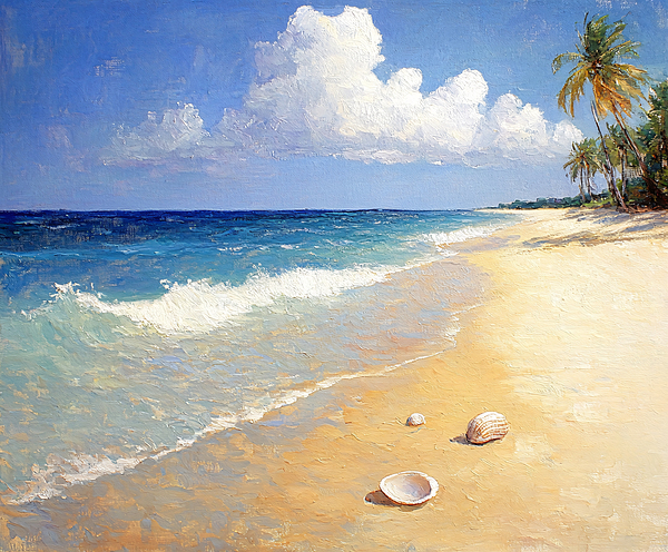 Fresh Tropical Beach with Shells and Palm Trees Impressionist by Travelling Light