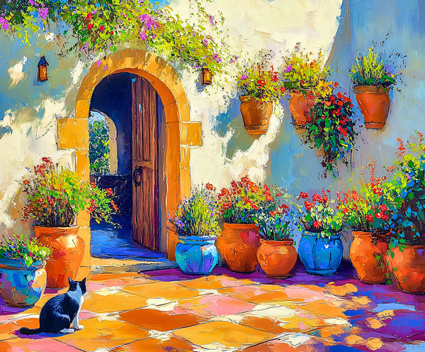 Courtyard with Pot Plants and Cat by Travelling Light