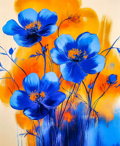 Blue Flowers on Abstract Orange by Travelling Light