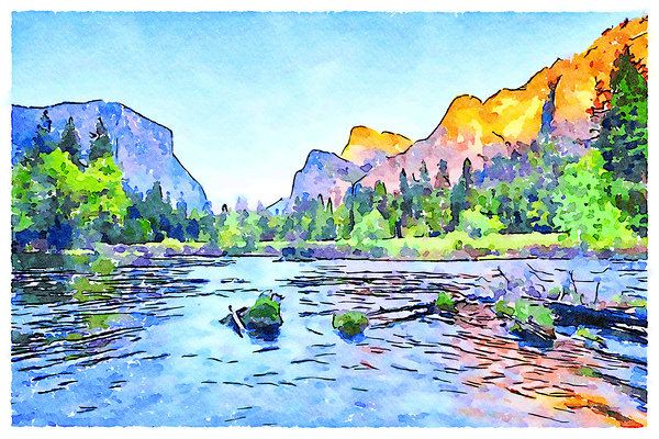 Yosemite Valley View California USA Watercolor by Travelling Light
