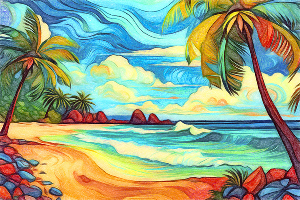 Tropical Beach with Palm Trees Golden Sand and Ocean Print
