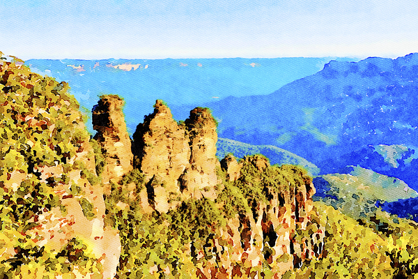 Three Sisters Blue Mountains Australia Watercolor by Travelling Light