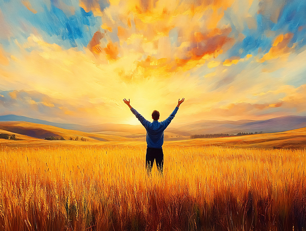 Man Raising Arms in Praise to Sunset Sky by Travelling Light