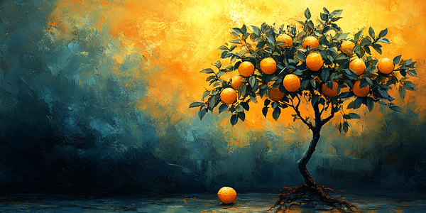 Lemon Tree  18   Yellow on Orange and Teal Print