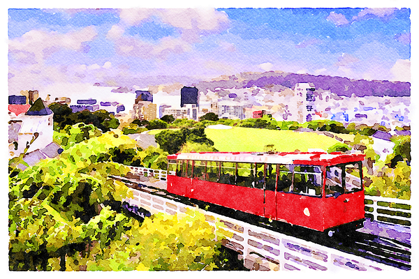 Wellington Cable Car New Zealand Watercolour by Travelling Light